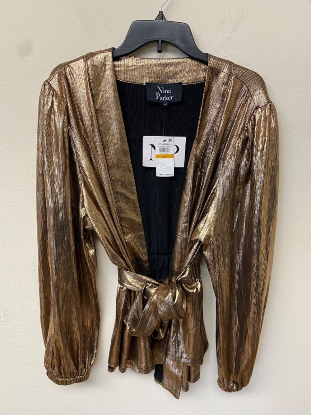 Nina Parker Womens Champagne Trendy Plus Metallic Wrap Top Size 3X NWT